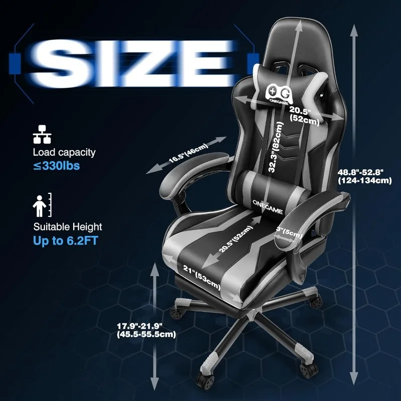 Ergonomic Gaming Chair with Footrest, Racing Gamer Chair with Linked Armrests and Lumbar Support for Adults, High Back Leather