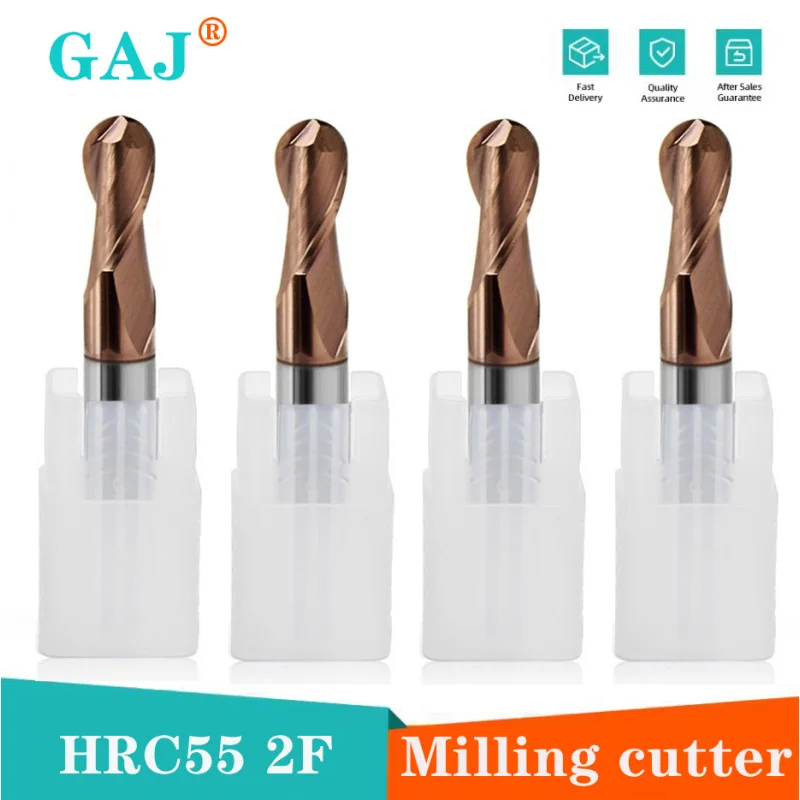 Cutter HRC55 2-Flute Milling Cutter Tungsten Steel Carbide Ball Nose End Mill For CNC Mechanical Metals Machining Endmills Tools