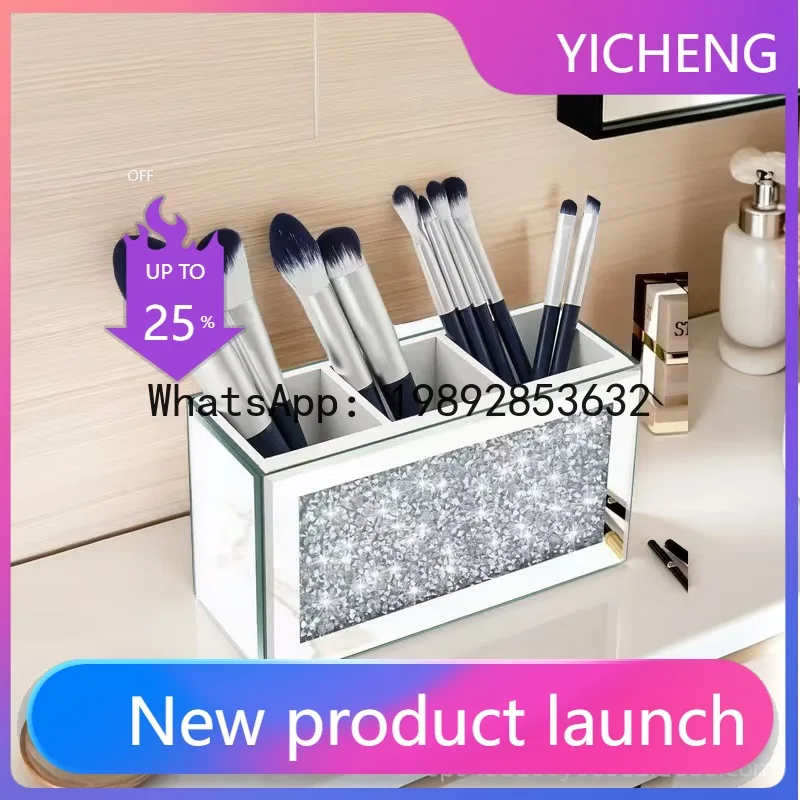 

Luxury creative rhinestone mirror multi-compartment storage box - remote control, makeup brush, eyebrow pencil brush organizer