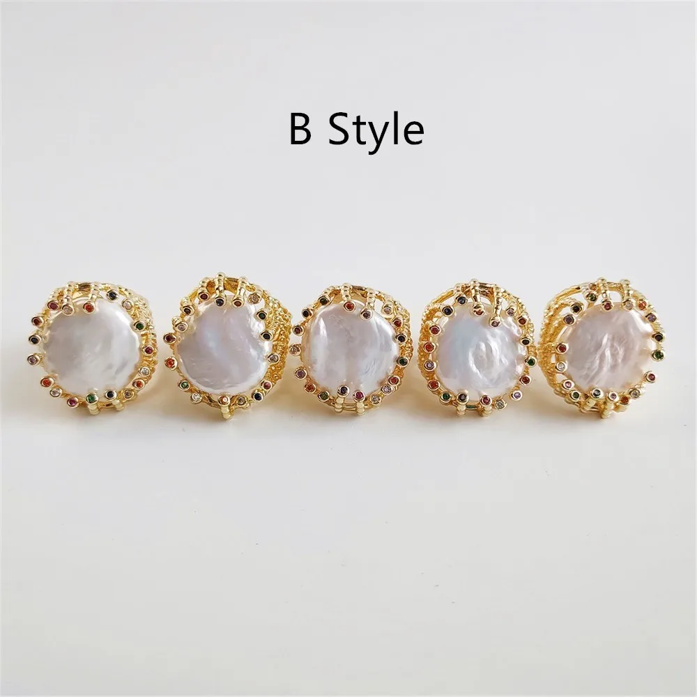 FUWO Jewelry One Piece Natural Fresh Water Pearl Ring,Golden Plated Zircon Bead Charm Adjusbable Rings For Women RG509