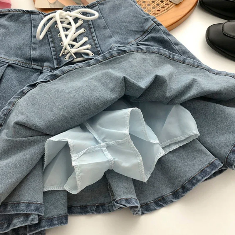 2023 nuova primavera autunno ragazze gonna a pieghe gonna di jeans per bambini bambini Skort bambini moda Bottoms elastico in vita allacciatura 3-14Y