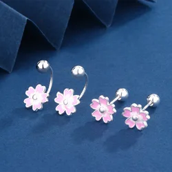Fashion Pink Sweet Cherry Blossoms Screw Back Stud Earring for Women Cartilage Hoop Earrings Piercing Jewelry Accessories