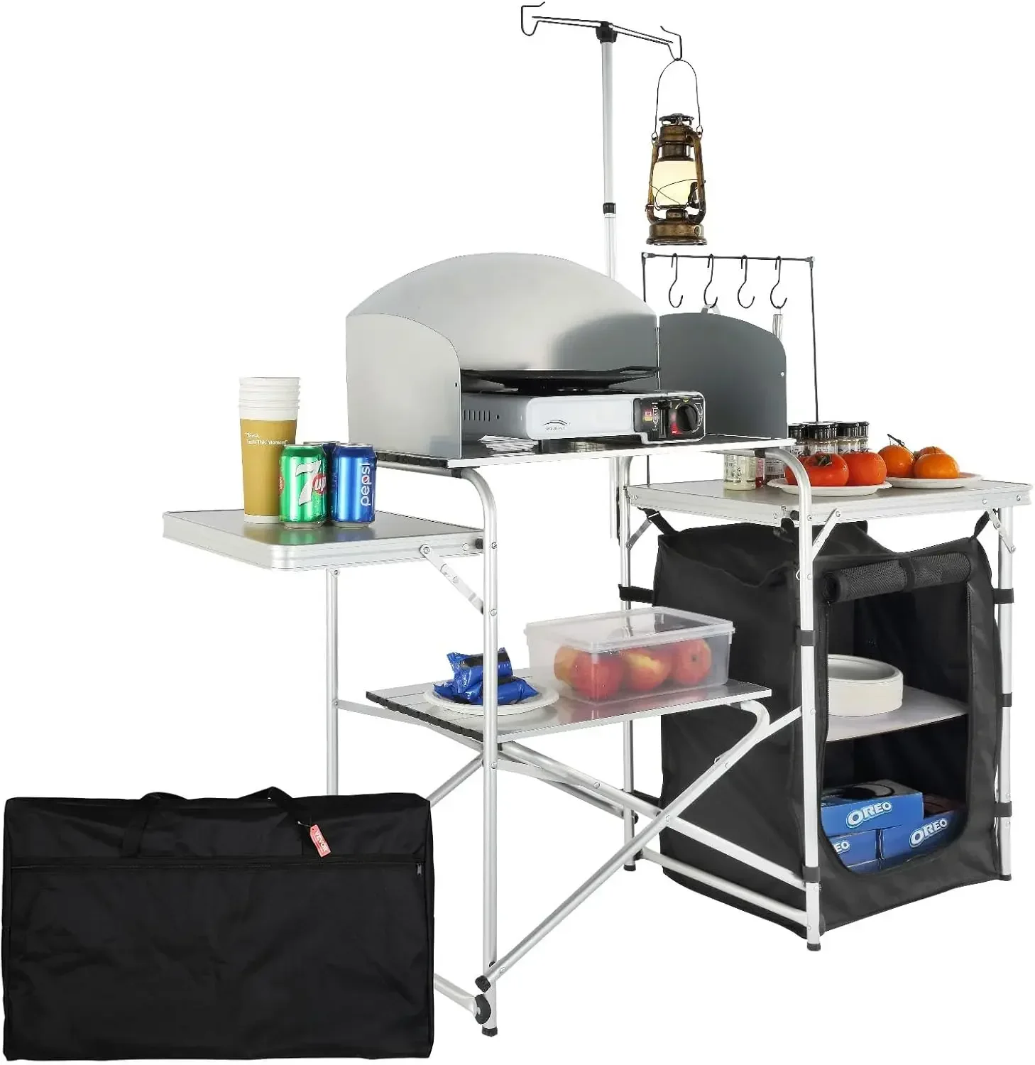 Camping Kitchen Table, Aluminum Portable Folding Camp Cook Station with Windscreen, Beach BBQ RV Traveling, Black