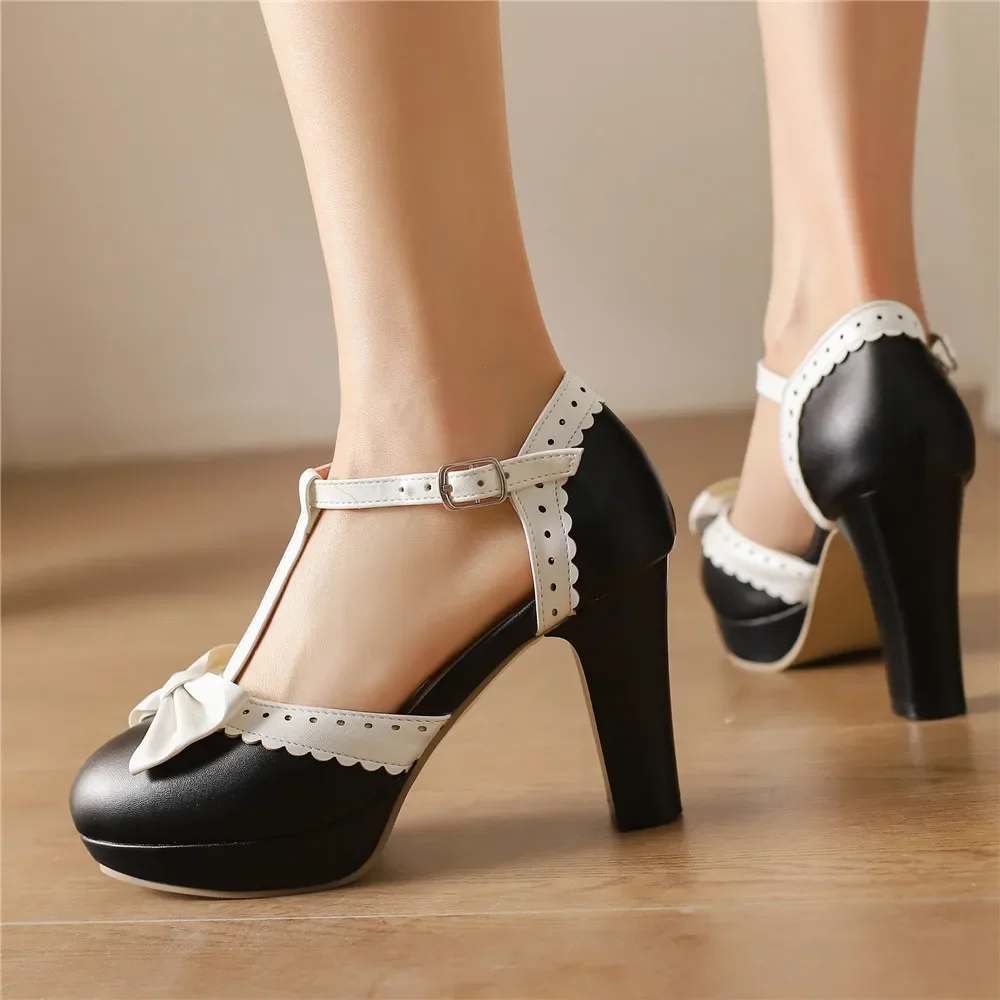 

Женские сандалии на высоком каблуке в стиле Лолиты с круглым носком и Т-образным ремешком, женские туфли-лодочки на платформе с бантом, вечерние свадебные туфли Chaussures de Femme 42 43