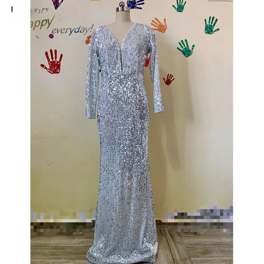 Womens Sexy Red Party Dress Fashion Sequins High Waist V-neck Long Sleeve Slim Solid Womens Long Dress
