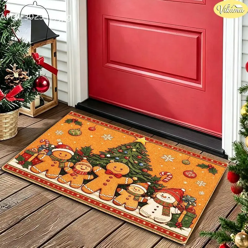 VIKAMA Orange Gingerbread Family Tree Entryway Rug Non Slip Low Profile Mats for Outside Front Door Xmas Decor Washable
