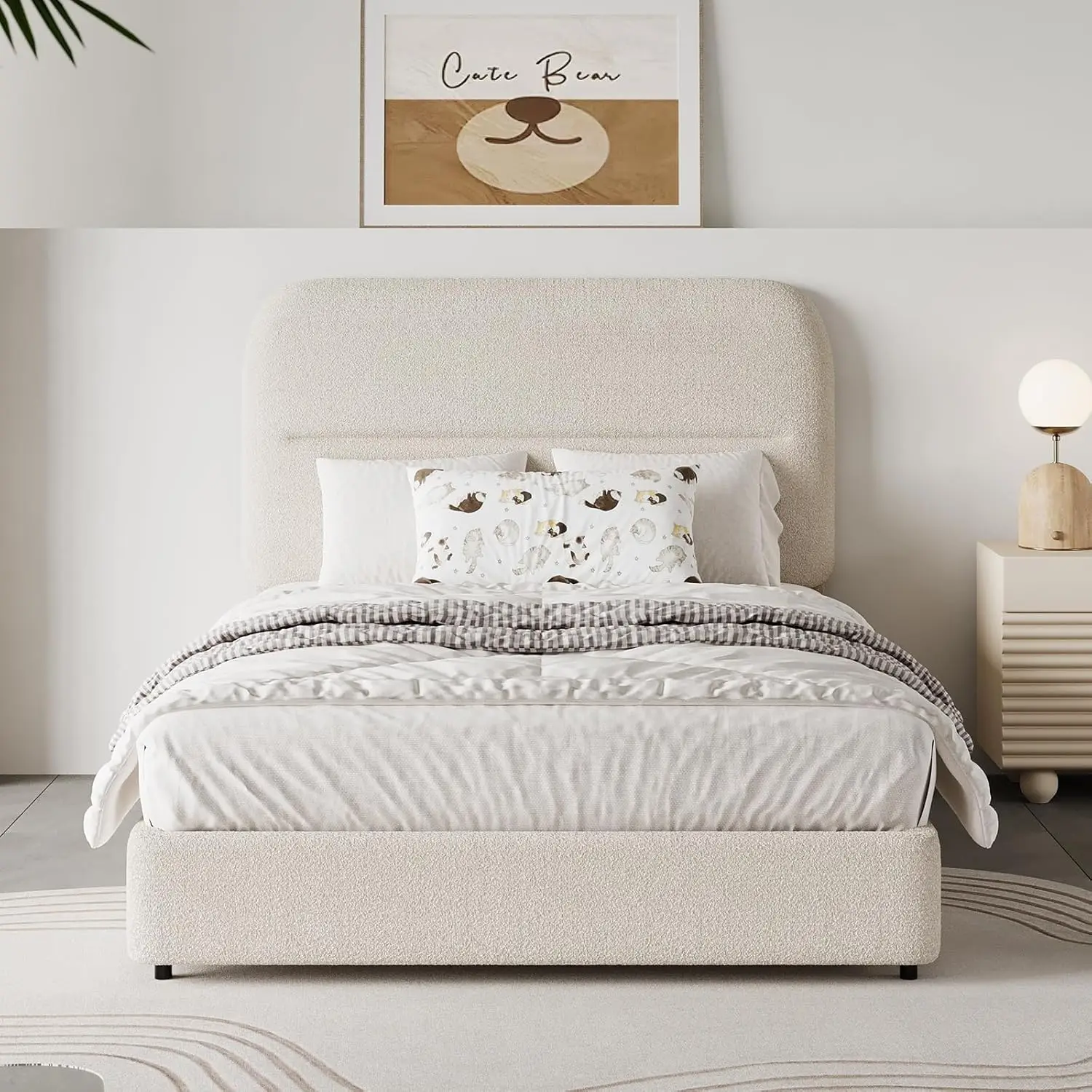

Twin Bed Frames with Headboard Twin Size Boucle Upholstered Bed Frame for Kids Soft Rounded Corners Wooden Slats Support No
