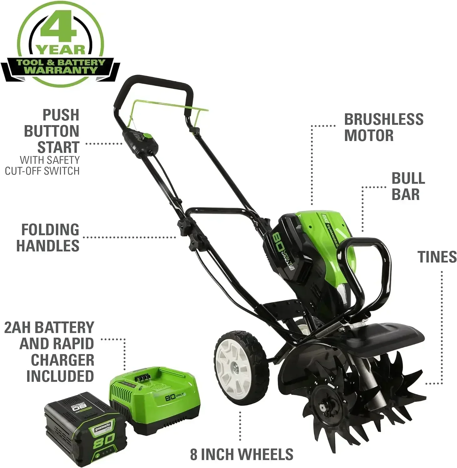 Pro 80V 10 inch Cultivator with 2Ah Battery and Charger, TL80L210, Black And Green