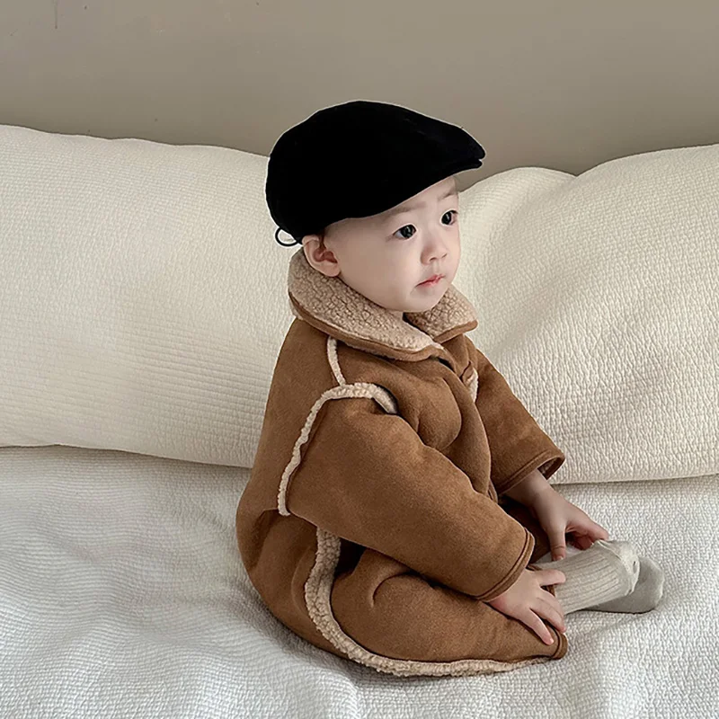 Baby Winter Romper Brown Plush One-Piece Clothes Kids Jumpsuit for Boys Girls Korean Toddler Infant Outfit 0-24M