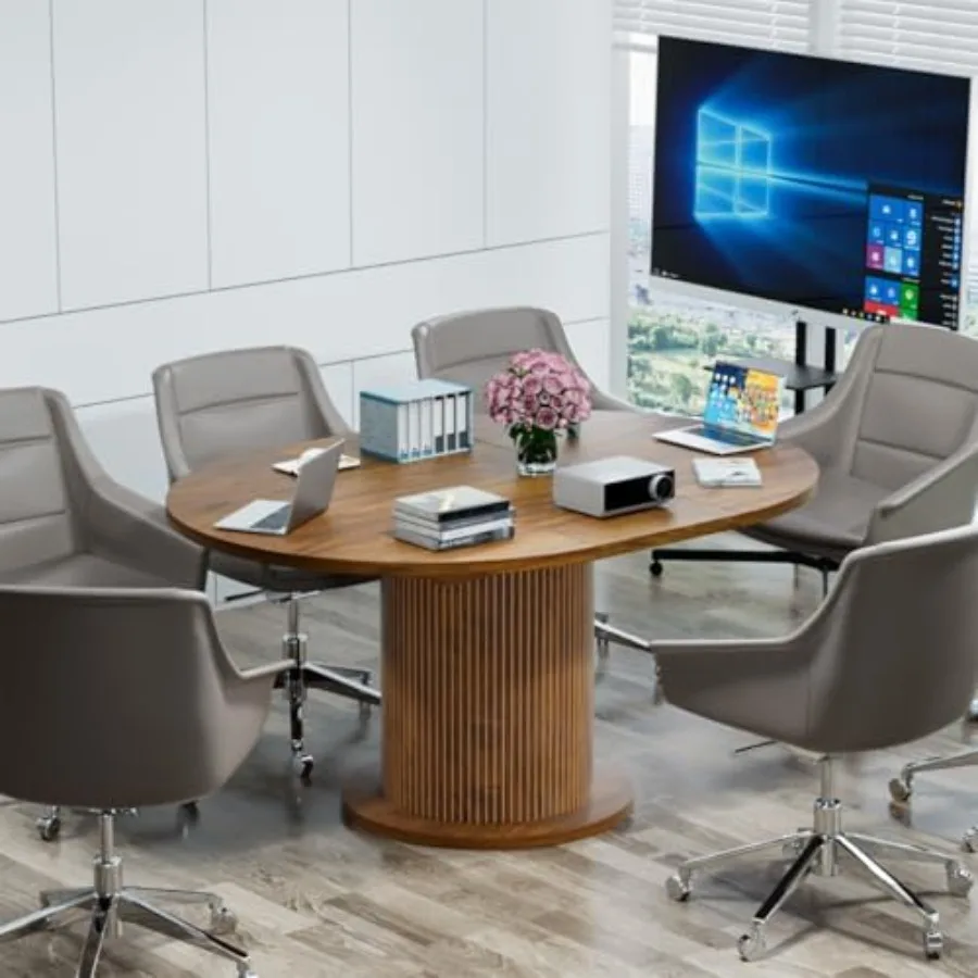 

43.3 inch 59 inch Adjustable Size Round Conference Table for 4-6 People, Unique Design Modern Meeting Room Table, with Wood Str
