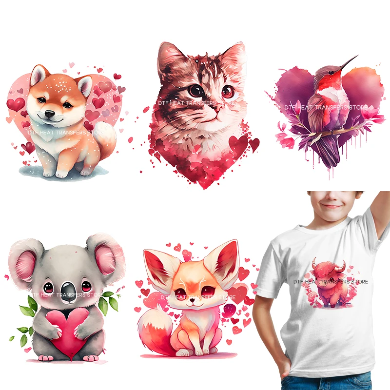 4pcs Aquarelle dessin animé mignon amour tasse à thé petits animaux dtf Heat Transfer On Clothes  On Clothes Kids Appliques