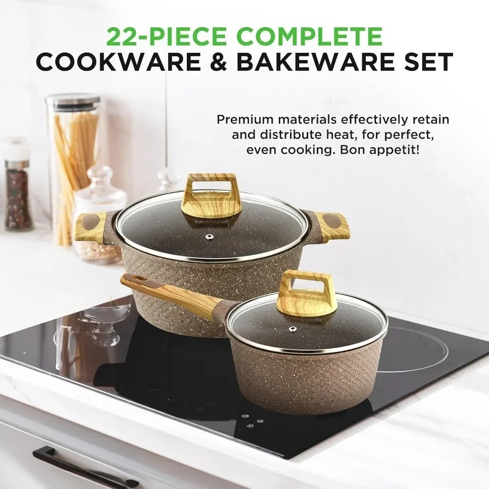 22-Piece Maroon Marble Non-Stick Cookware and Bakeware Set - Professional Home Kitchen Collection with Multi-Sized Pots, Pans