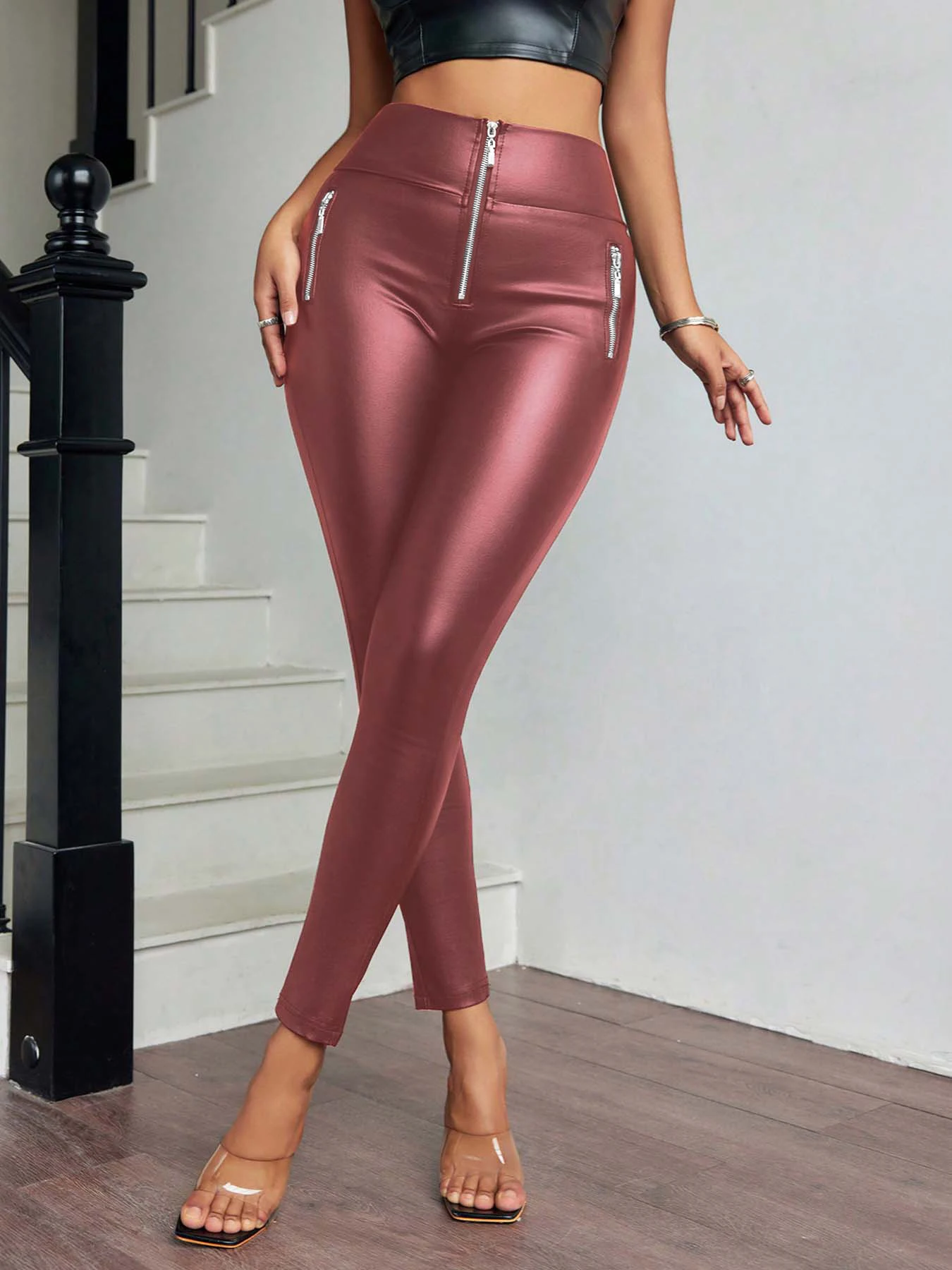 Leggings d'été pour femmes, leggings serrés en simili cuir, fermetures éclair latérales, leggings décontractés 611