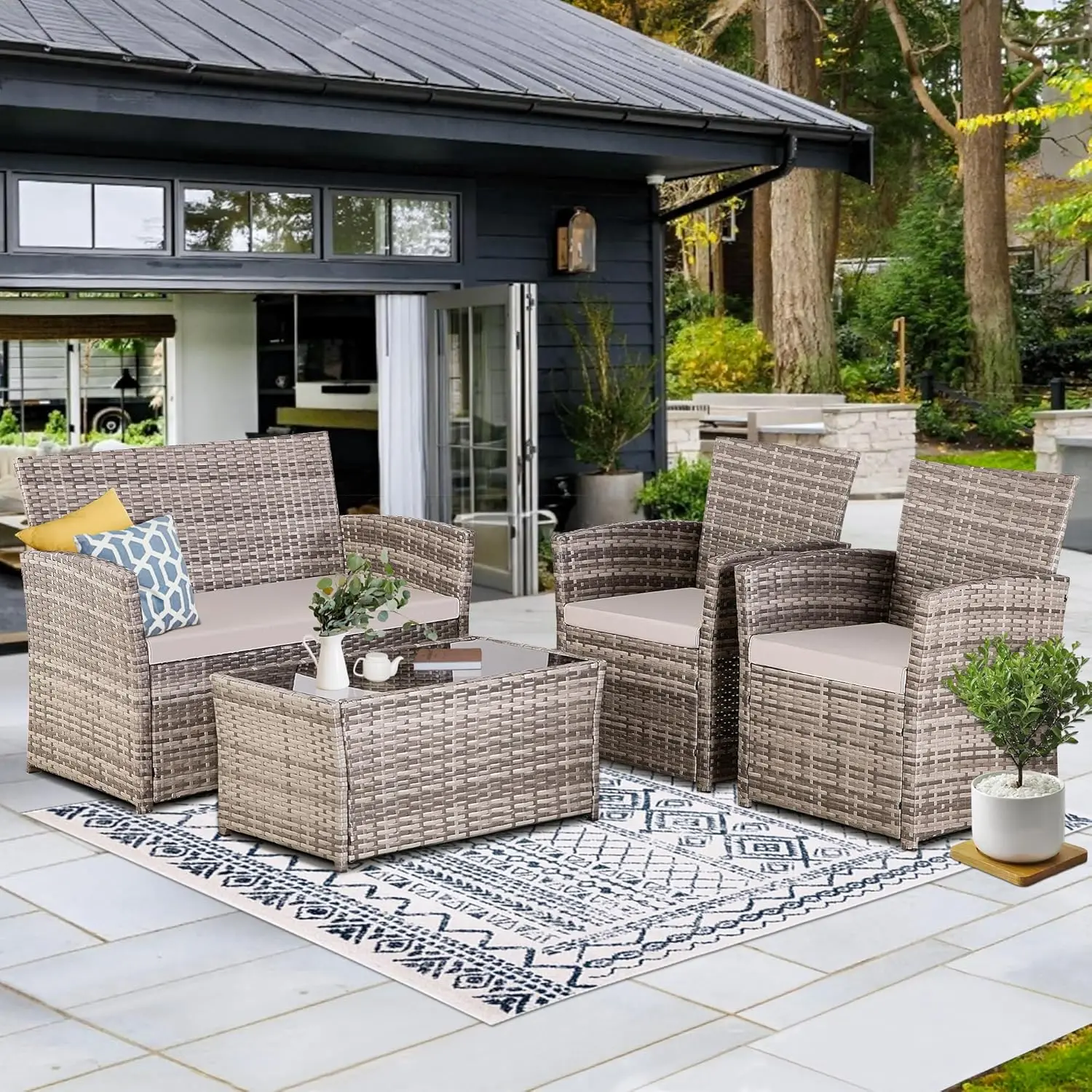 4 Pieces Patio Furniture Set, Indoor/Outdoor Rattan Sectional Sofa Conversation Bistro Set for Garden （4Pcs）