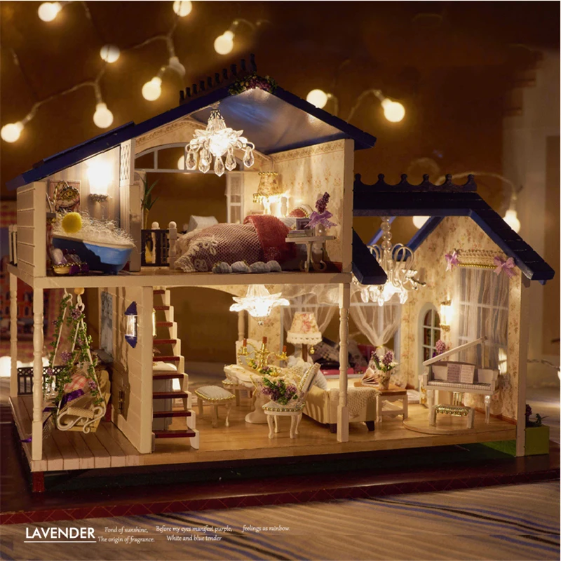 DIY Wooden Casa Doll Houses Miniature Building Kits Provence Lavender Dollhouse With Furniture Lights for Girls Birthday Gifts