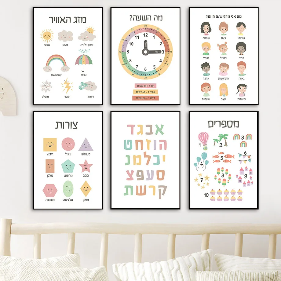 Hebrew Letters Alphabet Jewish Number Day Time Wall Art Canvas Painting Nordic Posters And Prints Wall Pictures Kids Room Decor