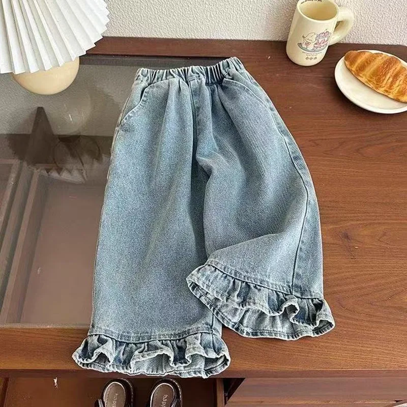 

Boys And Girl Jeans Girls New 2026 Spring Autumn Children Fashion Casual Wide-leg Pants Lace Princess Sweet and Lovely