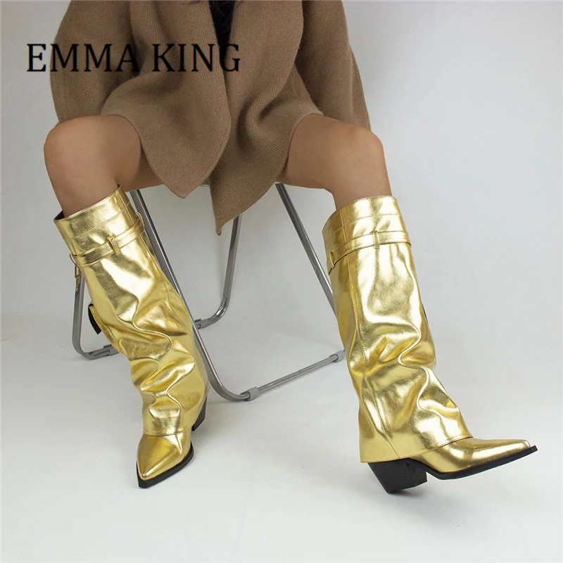 

Women Pocket Wedge Heels Knee High Boots Sexy Pointy Toe Metallic Lock Decor Foldover Boots Golden Patent Leather Knight Boots