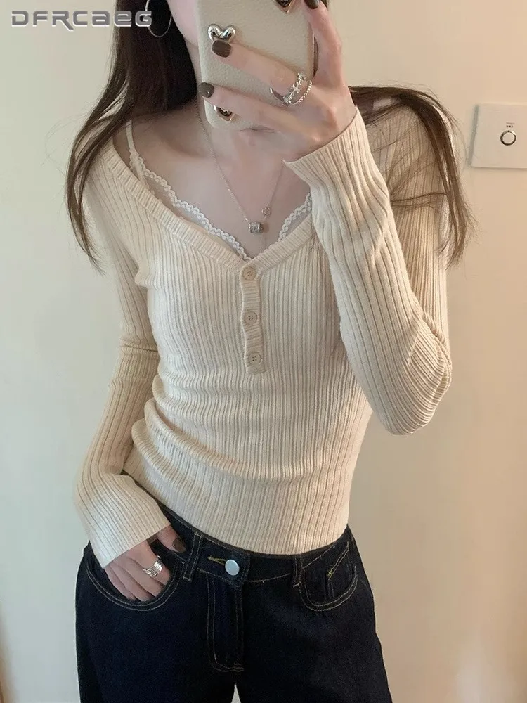 

Осень-весна кружевная лоскутная основа женский трикотажный топ с длинным рукавом сексуальный v-образный вырез мягкий вязаный низ свитер розовый