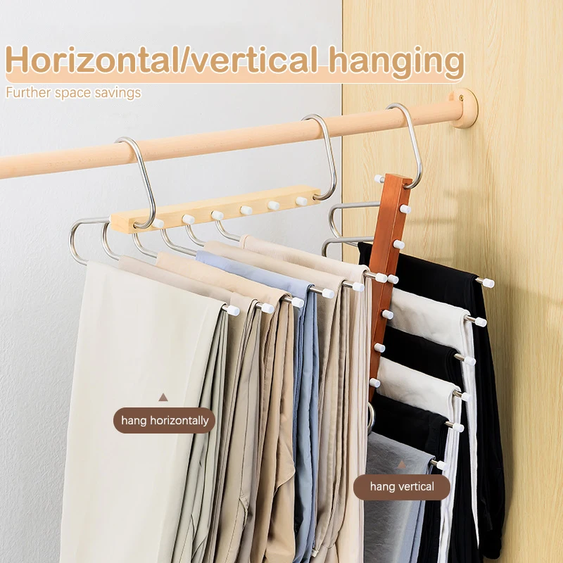 Solid wood goose type stainless steel trouser rack multifunctional household closet non marking non slip multi layer coat hanger