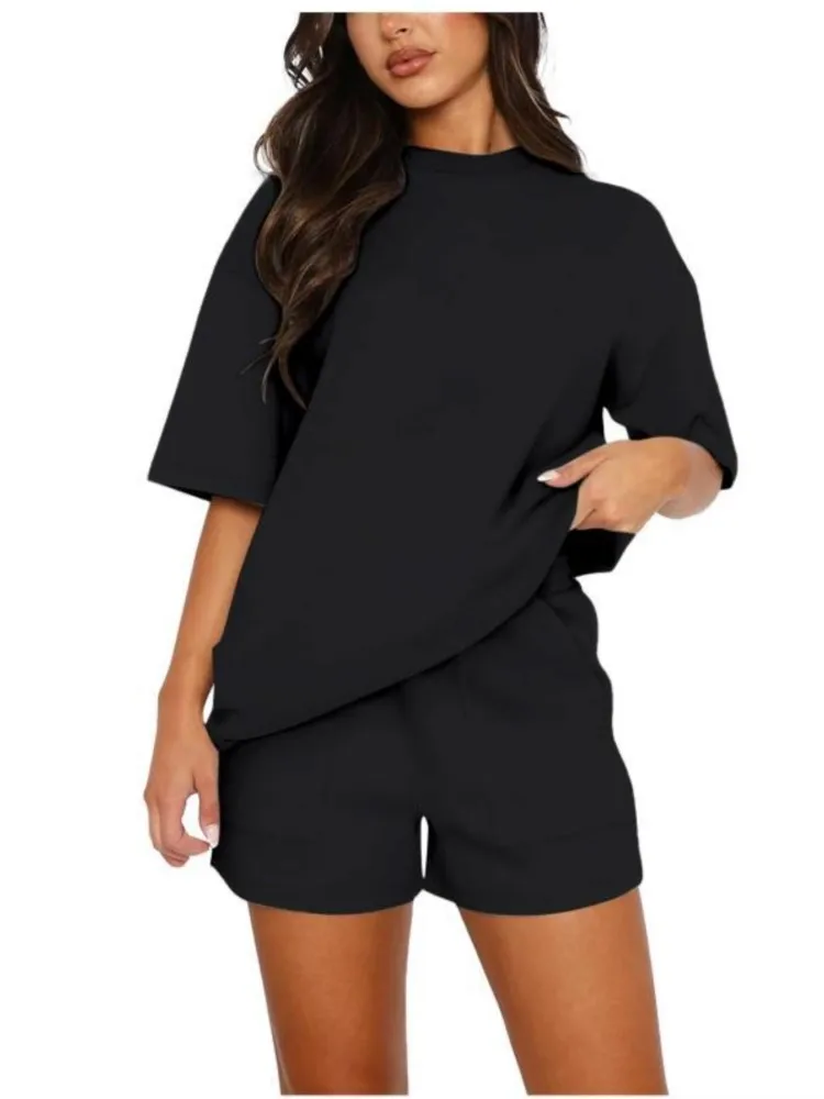 Casual Loose Set Lady Fashion Solid O Neck Short Sleeve Tops+Shorts Two Piece Sets For Women Summer Sports Womens Clothing New