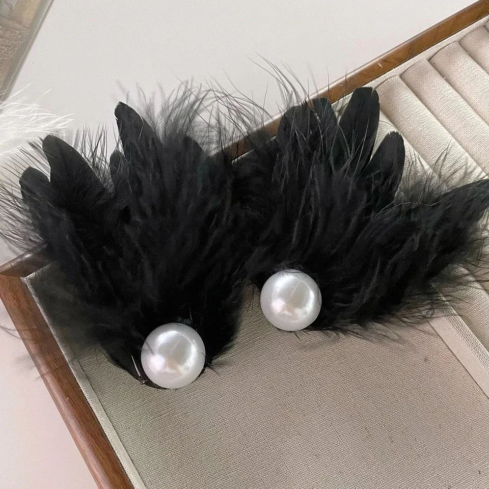 2Pcs/Set Fairy Elegant White Feather Hairpin Sweet Hairwear Pearl Fluffy Girl Side Clip Ballet Decor Barrette Hair Accessories