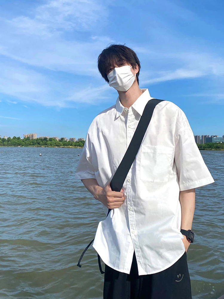 

Japanese Sle Bo White ort Sve Men's irt Summer Casual Loose Fit Cotton Cleanfit Outerwear Neutral Tone irt