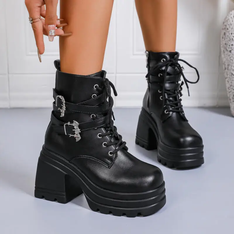

Women's Boots Punk Chunky Platform Super High Heel Ankle Boots Women Metal Buckle Gothic Black Motorcycle Boots Botas Para Mujer