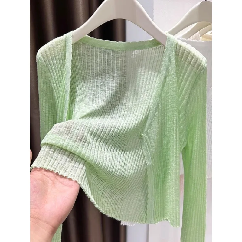 Women'S Summer Thin V-Neck Knitted Shawl Air Conditioning Room Exposed Shoulder Long Sleeved Top Cover Shirt Cardigan Jacket