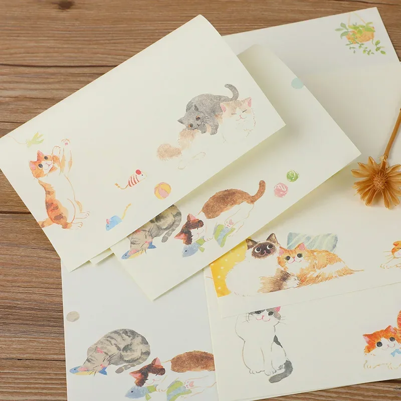 9 pçs/set Kawaii Gatos Envelopes com Almofadas de Carta Carta de Escrita Dos Desenhos Animados Capa de Cartão de Convite de Casamento Papelaria Coreana