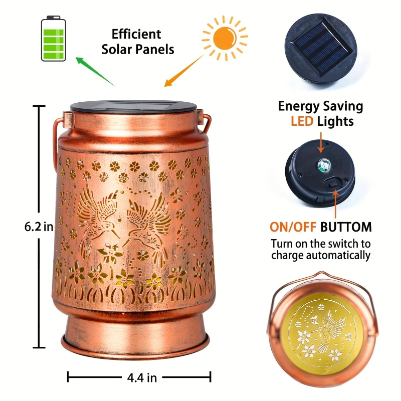 مصباح فانوس معدني على شكل طائر طنان يعمل بالطاقة الشمسية - قطعة واحدة من LED، لمسة نهائية مصقولة، بطارية Ni-MH بقدرة 800 مللي أمبير في الساعة | ديكور معلق للحديقة/الفناء #4