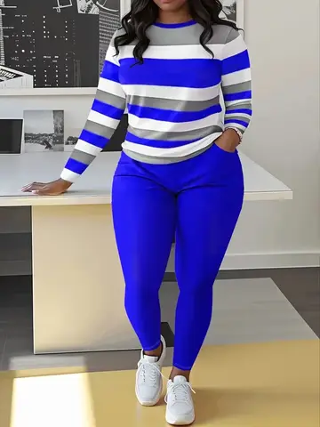 Plus Size Casual Women's Clothing, Fashionable Striped Color-Blocked Long-Sleeved Long Pants Two-Piece Women's Suit