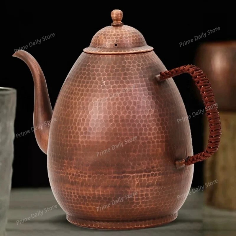 Handcrafted Pure Copper Coffee Pot, Large‑Capacity Retro Oval Teaware, Woven Filter Handheld Heating Kettle for Beverage Brewing