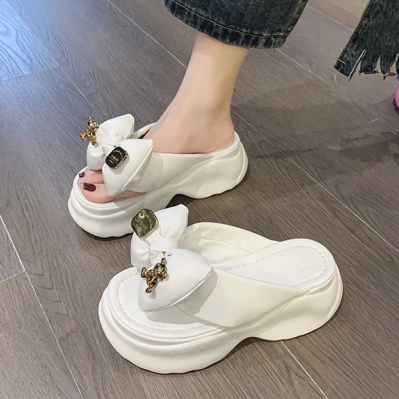 New Summer Cute pink Women Slippers Thick Sole Shoes Casual Platform Beach Flip Flops Leisure Bow tie Sandals Sneakers Woman