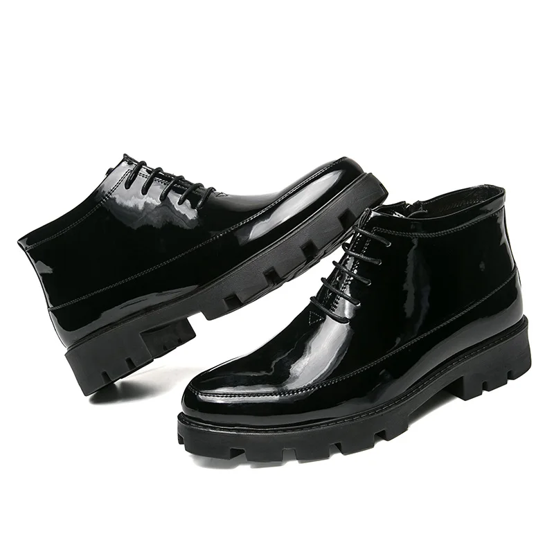 Man High Heels Patent Leather Boots Men High Quality Platform Shoes Black Cowboy Boots Outdoor Men Height Increase Dress Boots