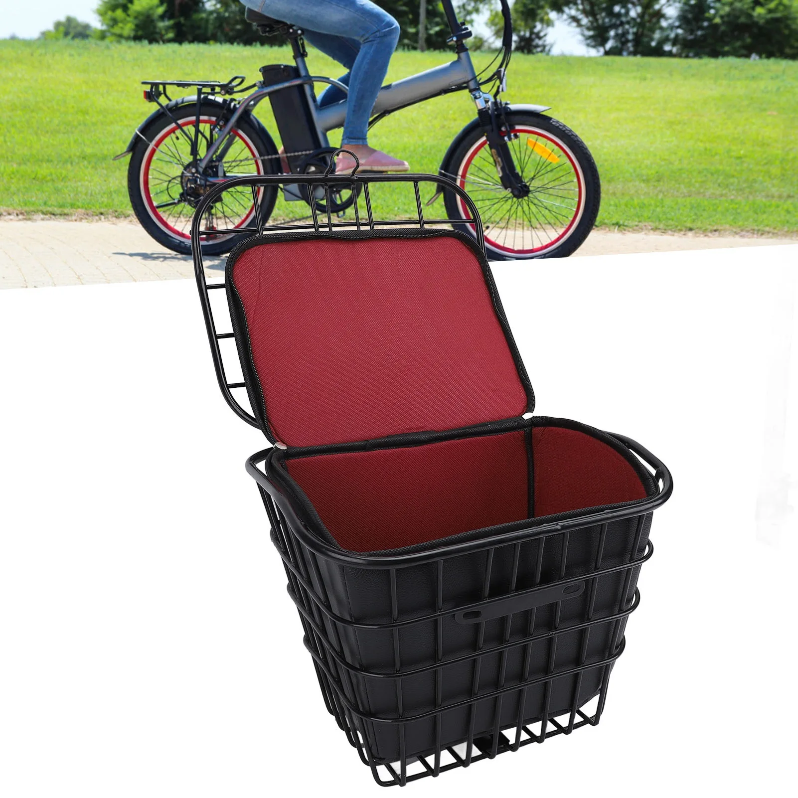 

Bike Basket with Black Liner Bag Water Resistant Metal Brand New Easy Using Bike Front Storage Basket for Electric Scooter
