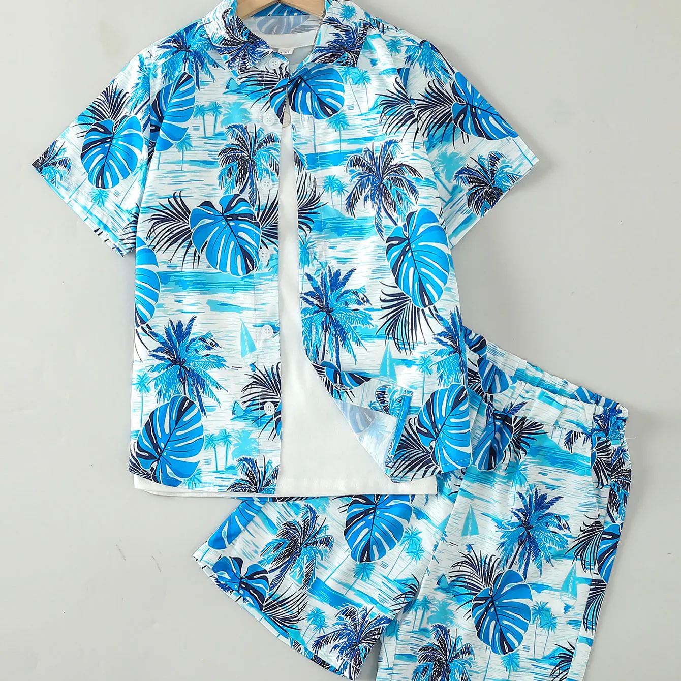 Boys Summer Casual Palm Leaf Print Beach Vacation Gentleman Style Square Collar Short Sleeve Cardigan Shirt Set