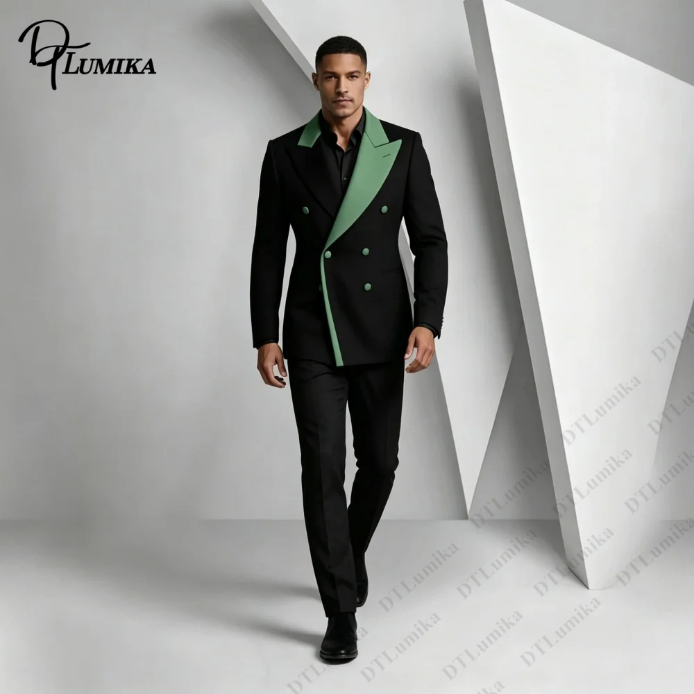 Customized Contrast Lapel Men Formal Suit 2Pcs, Black Jacket with Green Notch, Dinner Outfit for Men Gala & Wedding DTLumika