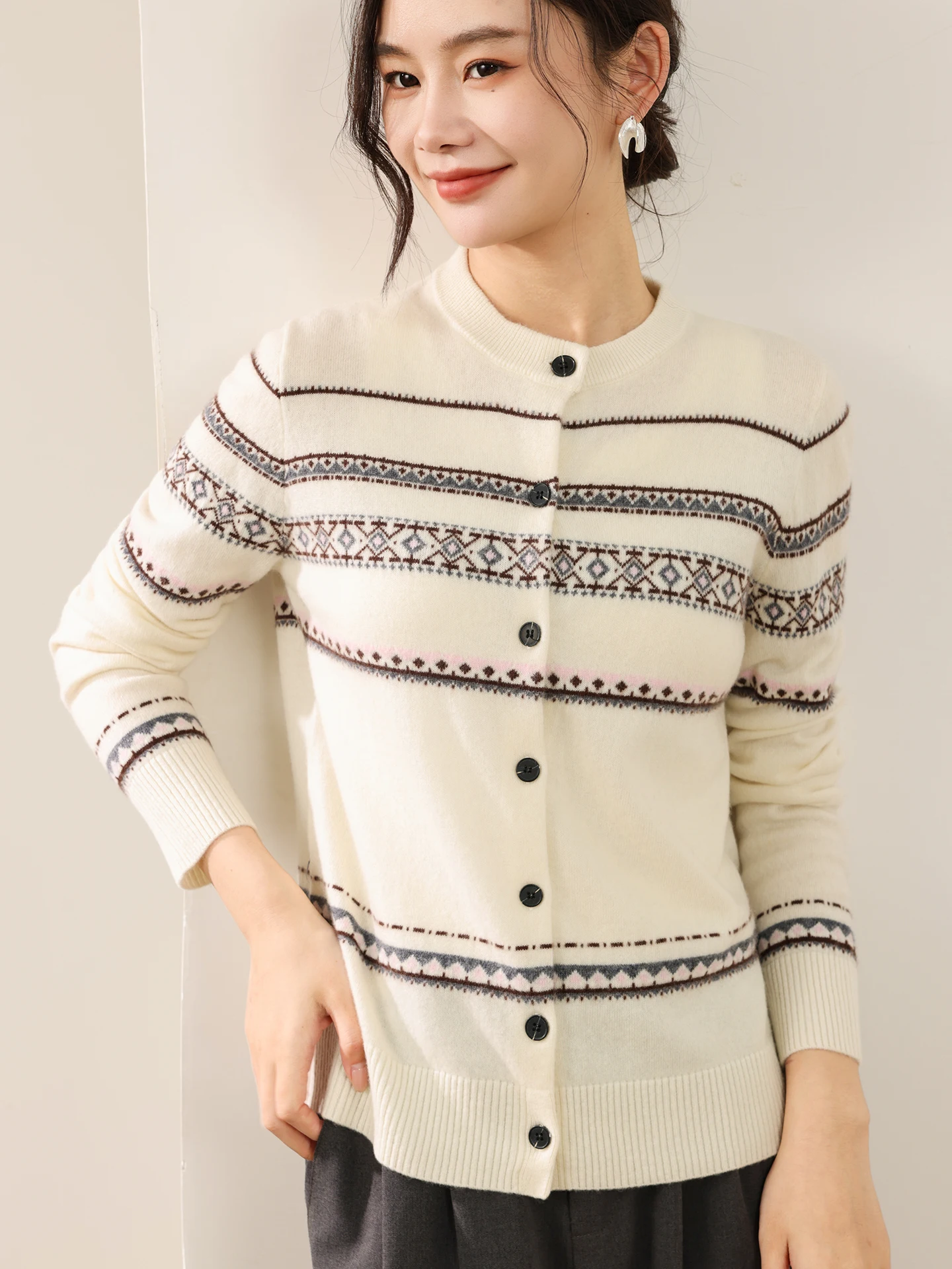 

Fer Island Women's 100% Merino Wool Sweater New Fashion Autumn Winter Female Knitted Cardigan Cashmere Long Sleeve Clothing Tops