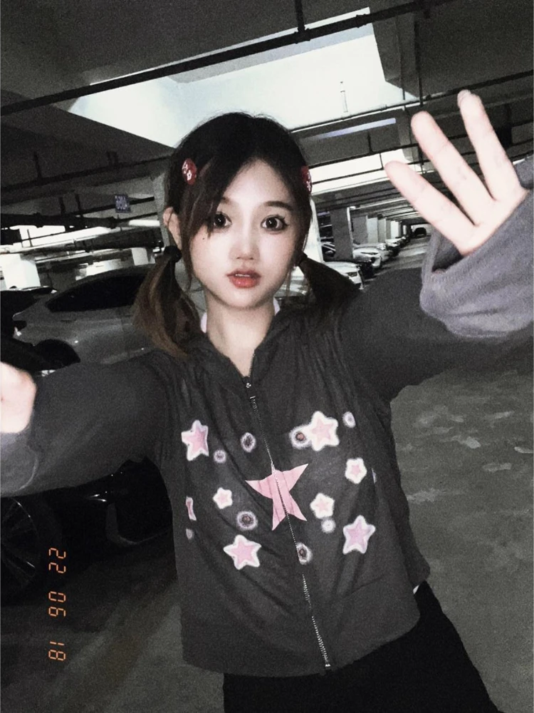 

Kimutomo Cropped Jackets Women Star Printed Hooded Long Sleeve Y2k Aesthetic Outwear Grunge Fashion Coats Thin Ladies Harajuku