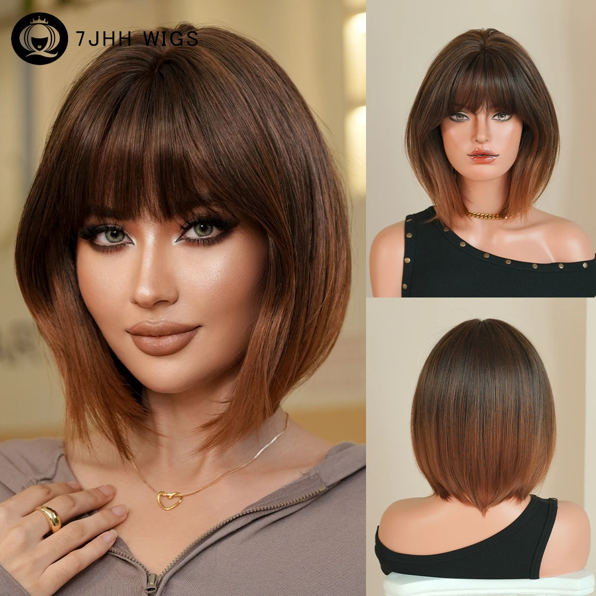 

7JHH WIGS Short Straight Golden Brown Wig for Women Synthetic Layered Modest Fashion Wear and Go Ombre Bob Wigs with Neat Bangs