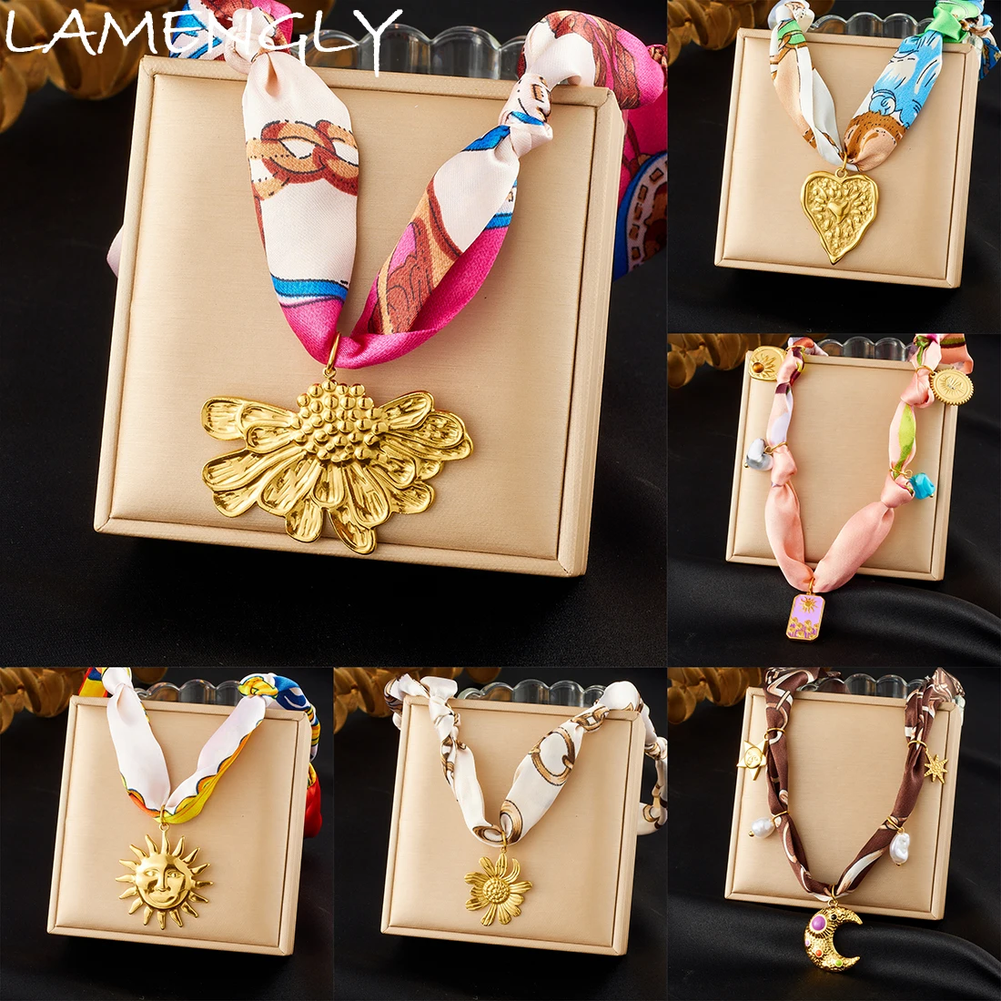 LAMENGLY 316L الفولاذ المقاوم للصدأ متعدد الألوان الشريط الشمس القمر القلب زهرة قلادة قلادة المرأة شخصية الاتجاه سلسلة عنق هدية