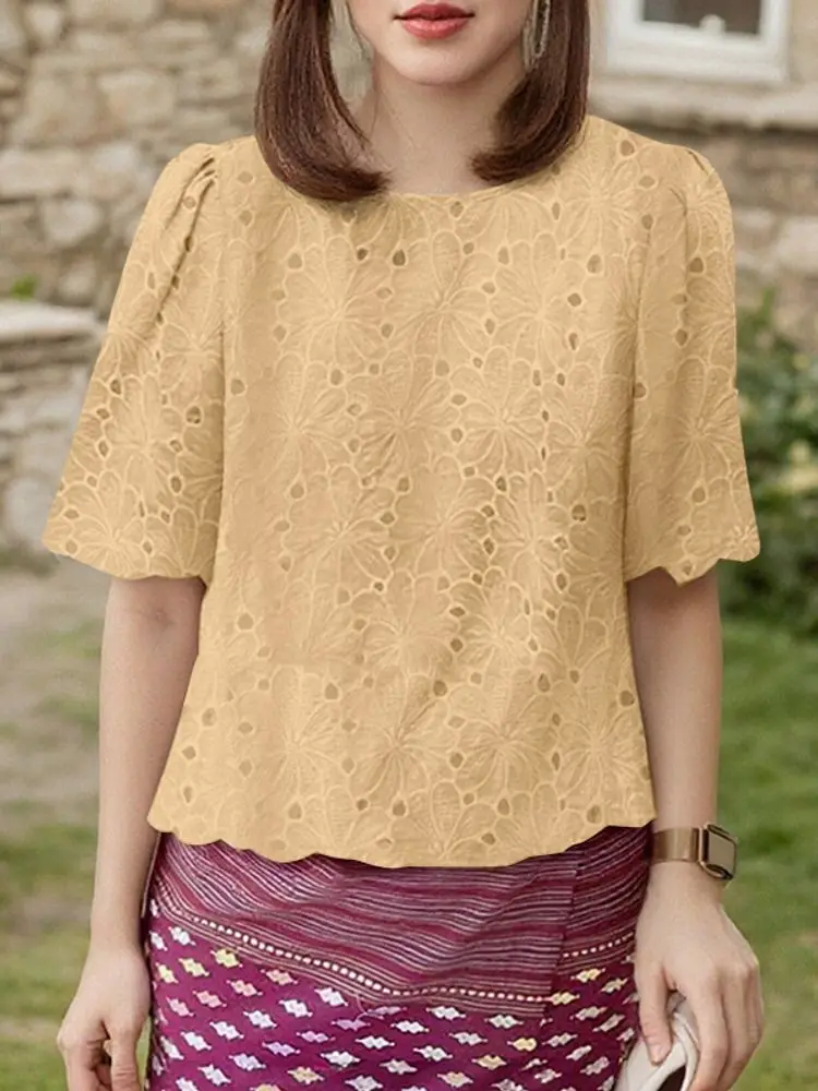 

ZANZEA женские модные ажурные вышитые блузки с коротким рукавом и круглым вырезом ажурные лоскутные топы летняя повседневная женская одежда S-3XL