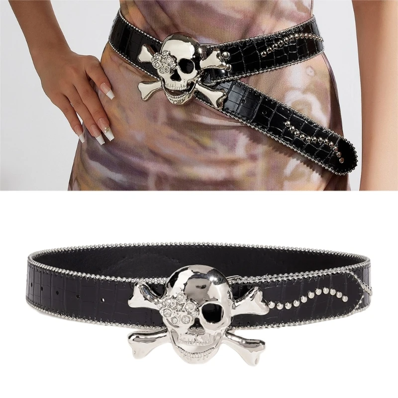 

Adult Waist Belt with Rhinestones Skull Buckle Adjust Length PU Waist Belts for Rock Fan Wear Resistant PU Leather Belts