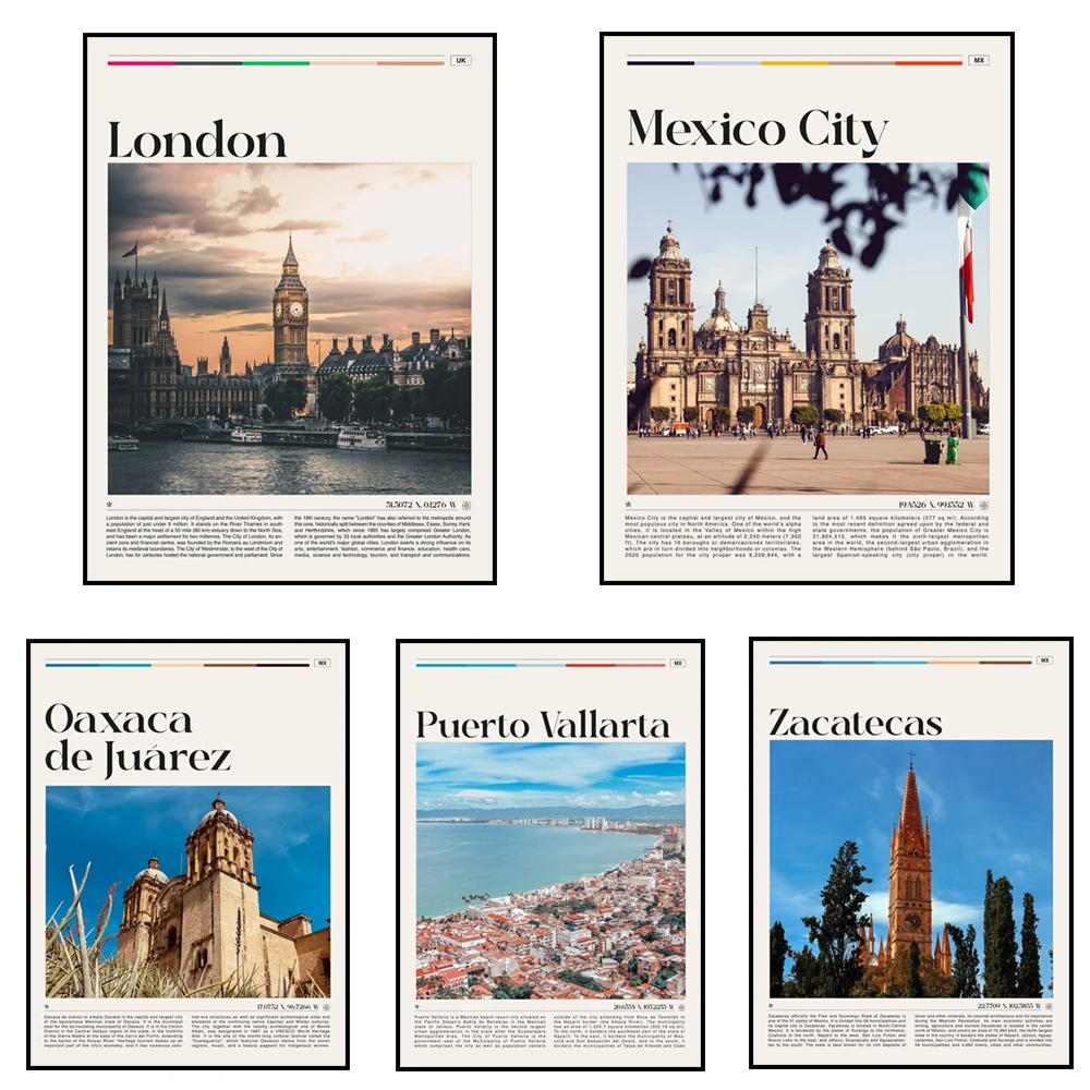 Italia Florencia, Londres, Jalisco, Guadalajara, Guanajuato, Puerto Vallarta, Oaxaca de Juarez, Zacatecas, cartel de viaje de México