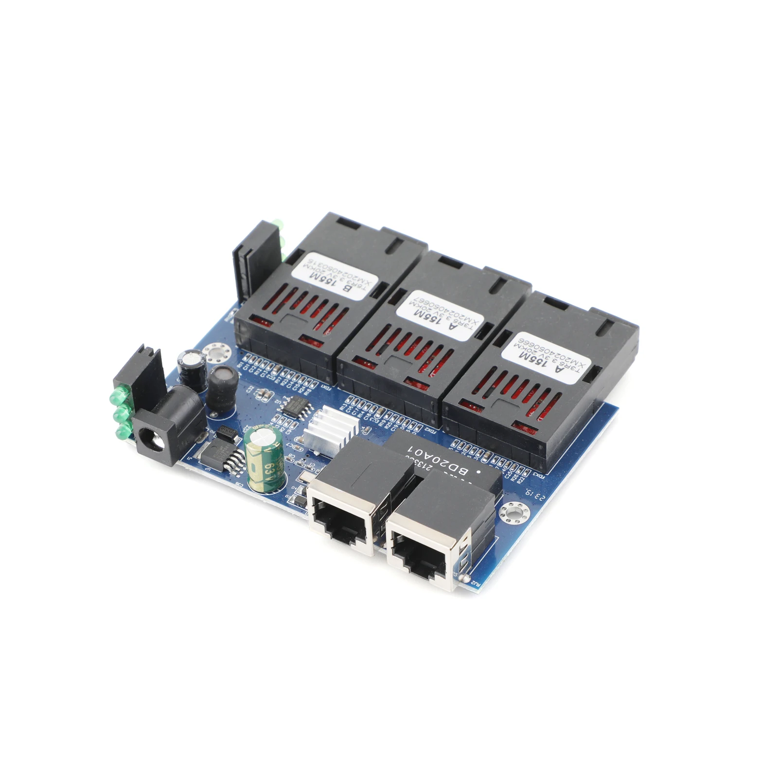 10 M/100 M Glasvezel Media Converter 2 RJ45 naar 3 SC 2A + 1B Optische Connector 1310nm/1550nm Poorten PCBA Board 20 KM Ethernet Switch