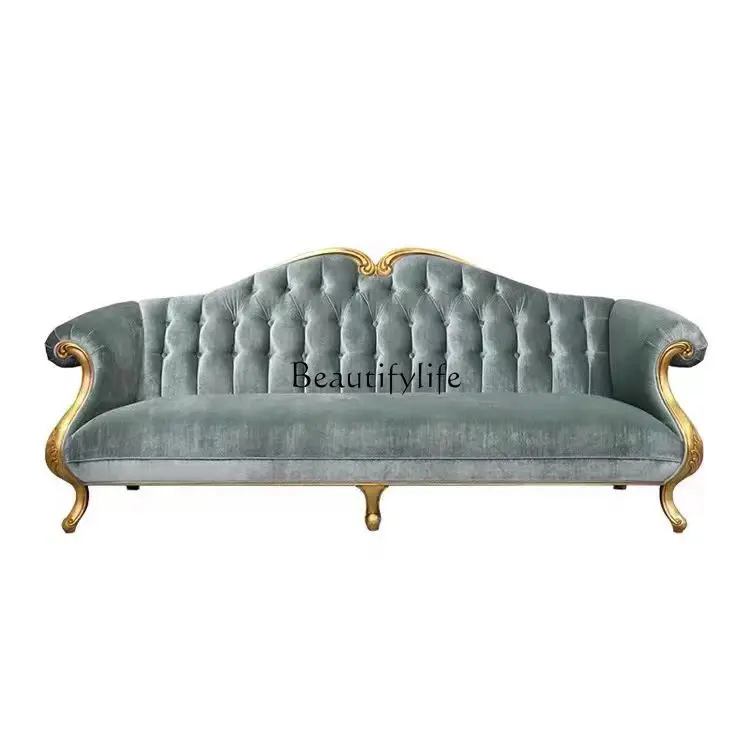 

American solid wood sofa living room retro velvet buckle sofa French engraving
