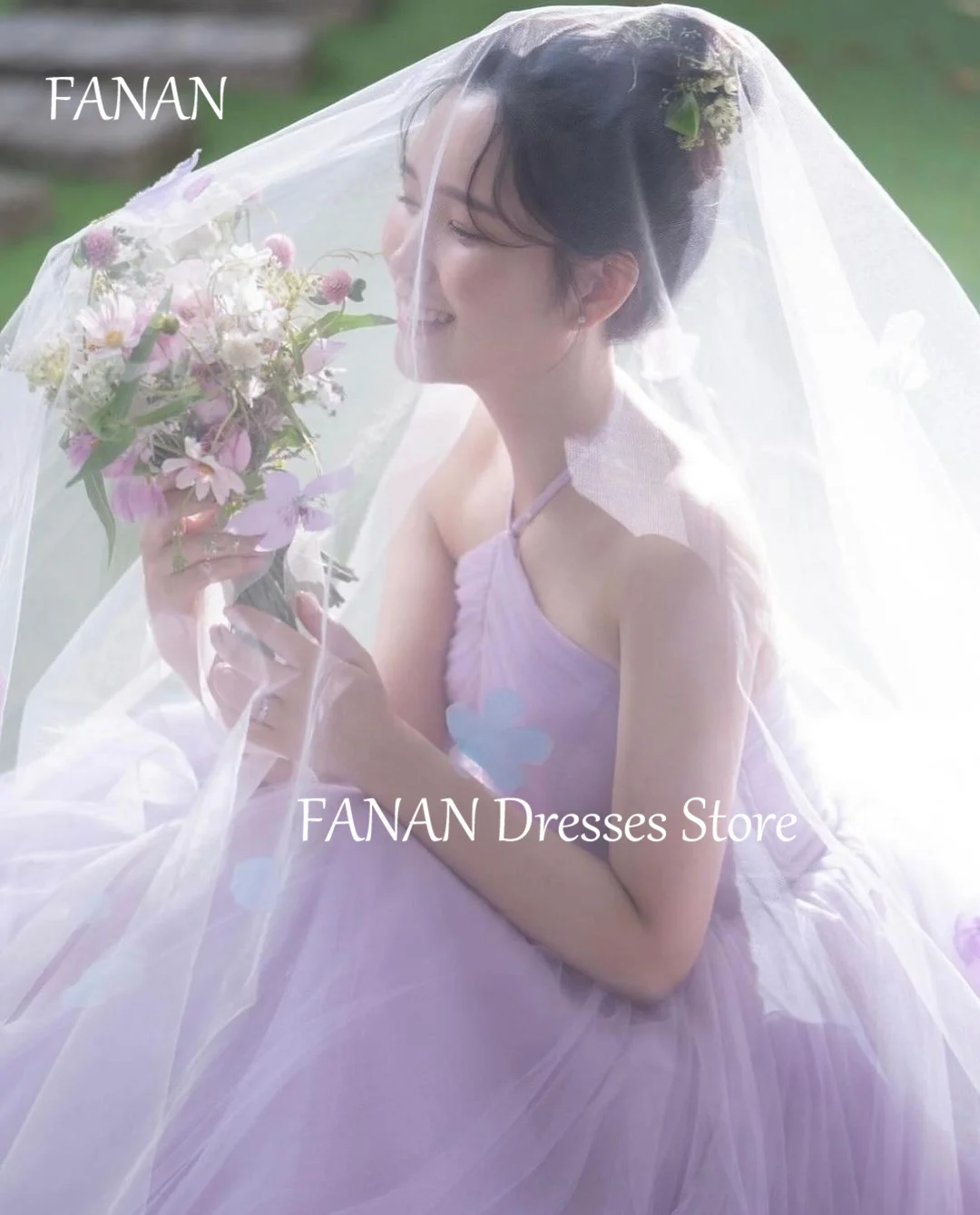 

FANAN Halter Neck Evening Party Dresses Korea Purple Sleeveless Sleeveless Tulle Wedding Women Formal Gowns Event Prom Gowns