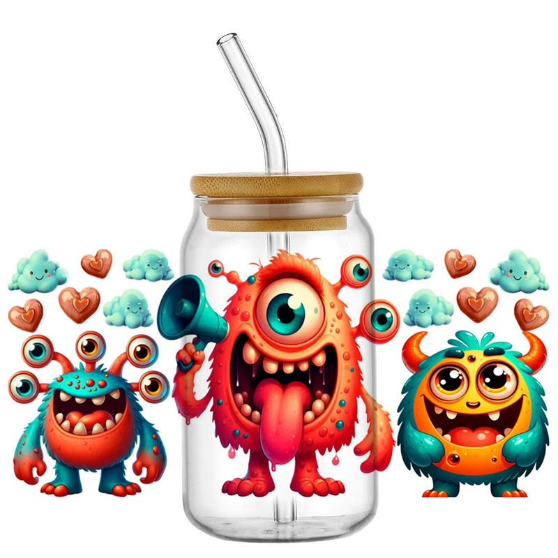 

Miniso Cute Monster Decal Washable UV DTF Cup Wrap for 16oz Libbey Glasses Monster DIY Cartoon Mug Transfer Sticker