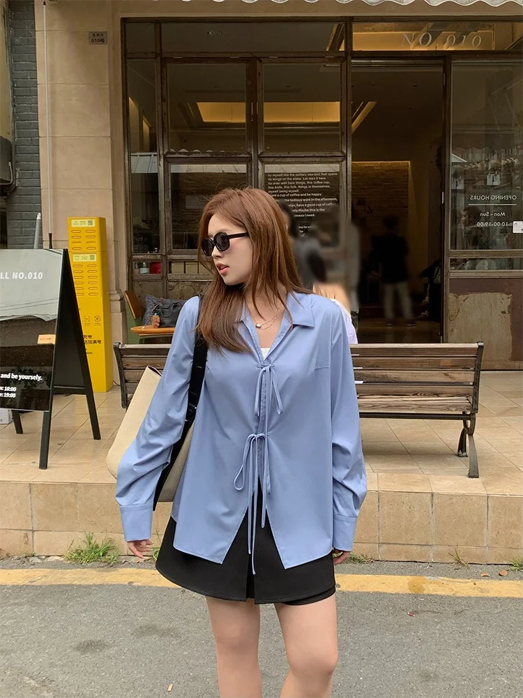 

Женская синяя блузка больших размеров с бантом, длинным рукавом, в корейском стиле, весенний дизайн, для полных женщин, свободный крой, смесовая ткань из полиэстера